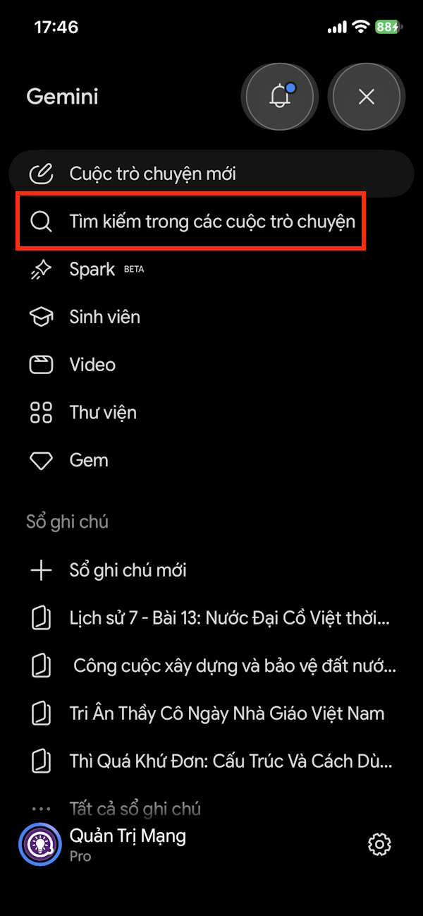 Tìm kiếm trò chuyện trên ứng dụng Gemini
