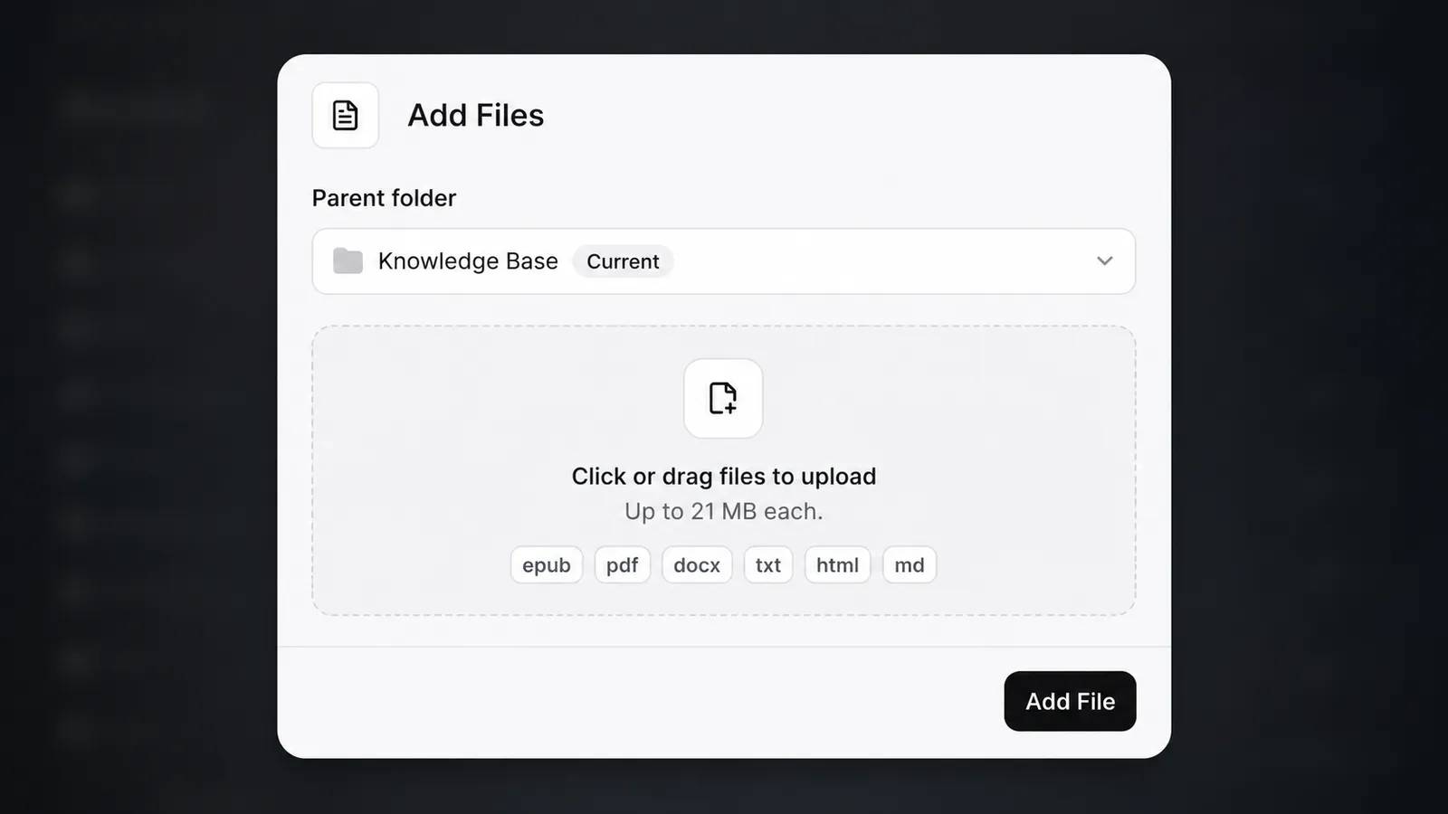 Giao diện upload file lên hiển thị các định dạng được hỗ trợ và giới hạn dung lượng 20MB