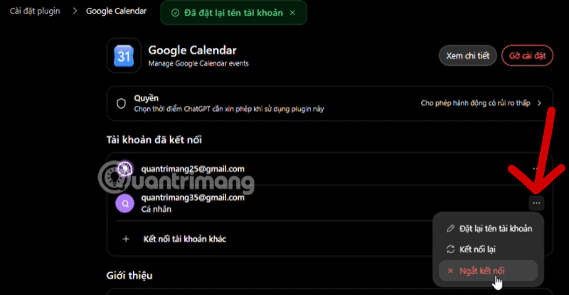 thêm tài khoản google calendar vào chatgpt