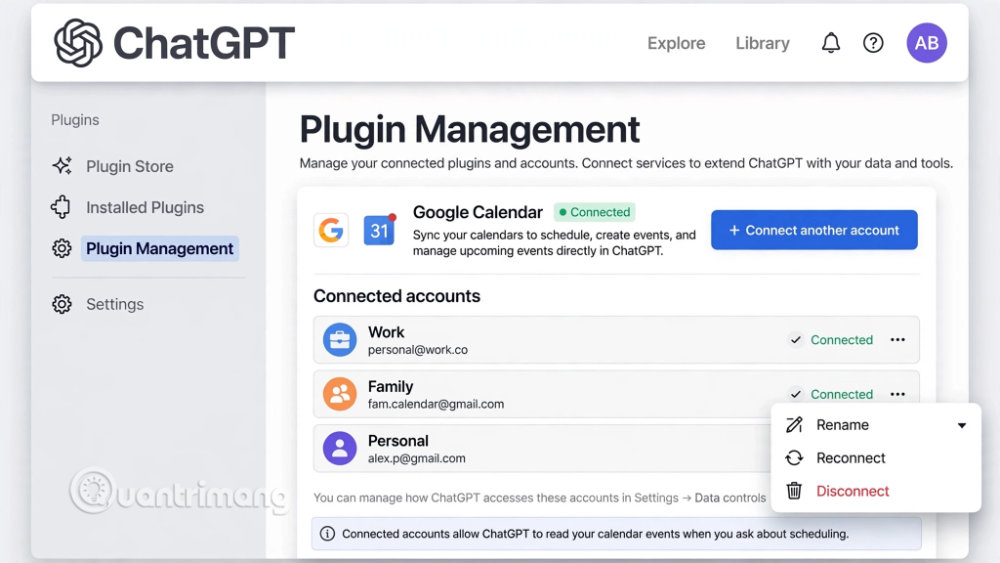 add tài khoản google calendar vào chatgpt
