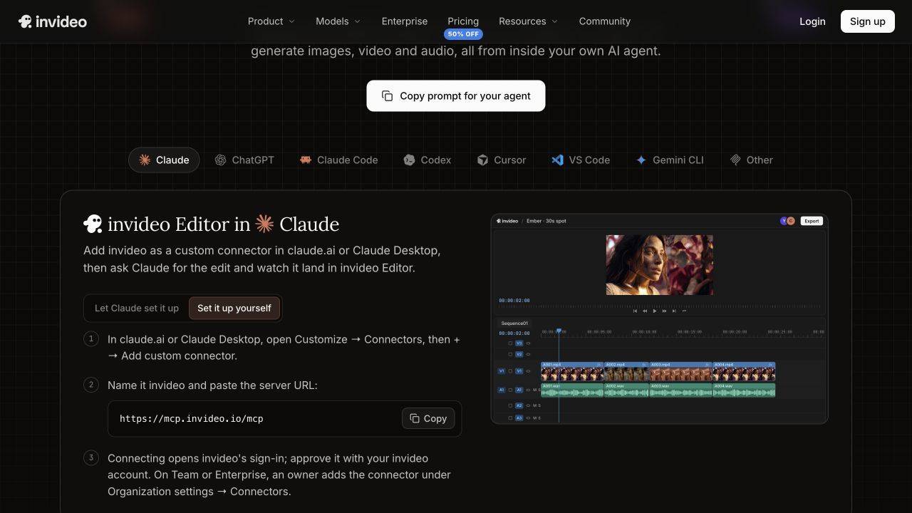 Hướng dẫn kết nối Claude và URL MCP server trên trang kết nối của invideo