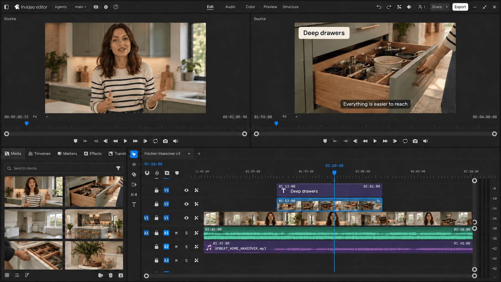 Hình minh họa timeline của video nhà bếp hiển thị cảnh cận cảnh ngăn kéo đã chỉnh sửa, nhãn chú thích, cảnh quay người dẫn chương trình, lời thoại và âm nhạc