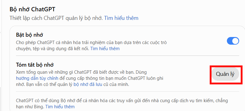 Quản lý tóm tắt bộ nhớ ChatGPT