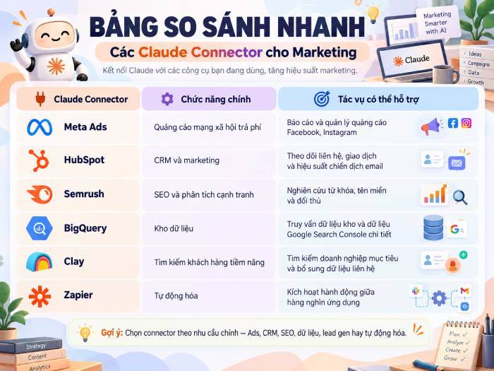 Bảng tổng quan các Claude Connector cho marketing