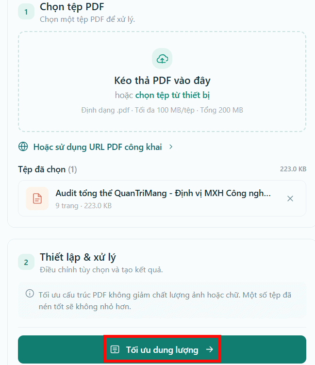 Tối ưu dung lượng file PDF trên PDF MiniTools