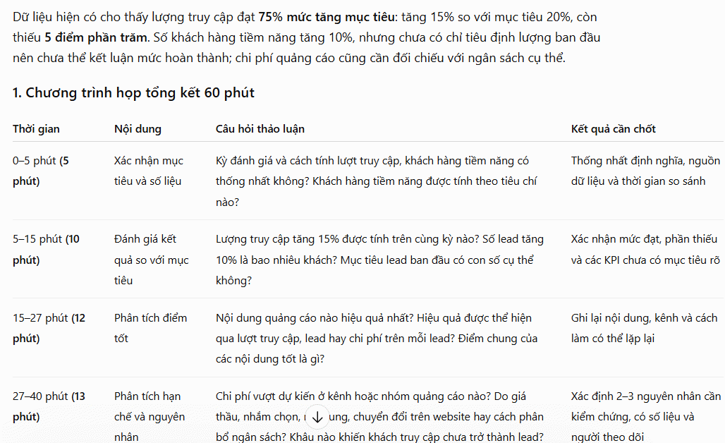 Prompt lên nội dung họp tổng kết và đánh giá
