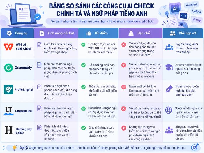 Bảng so sánh nhanh các công cụ AI kiểm tra ngữ pháp tiếng Anh