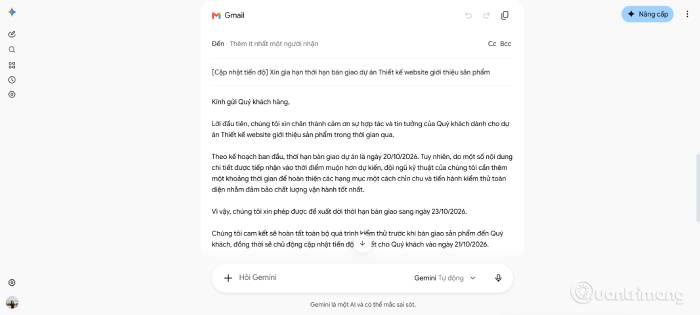 Google Gemini tích hợp Gmail, người dùng chỉ cần thêm người nhận để gửi thư ngay lập tức
