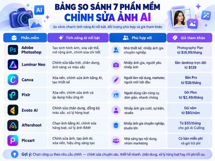 Bảng so sánh nhanh 7 phần mềm chỉnh sửa ảnh trên máy tính có tích hợp AI