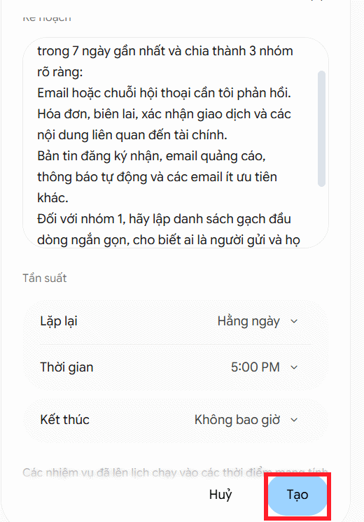 Lên lịch tổng hợp phân loại Gmail với Gemini