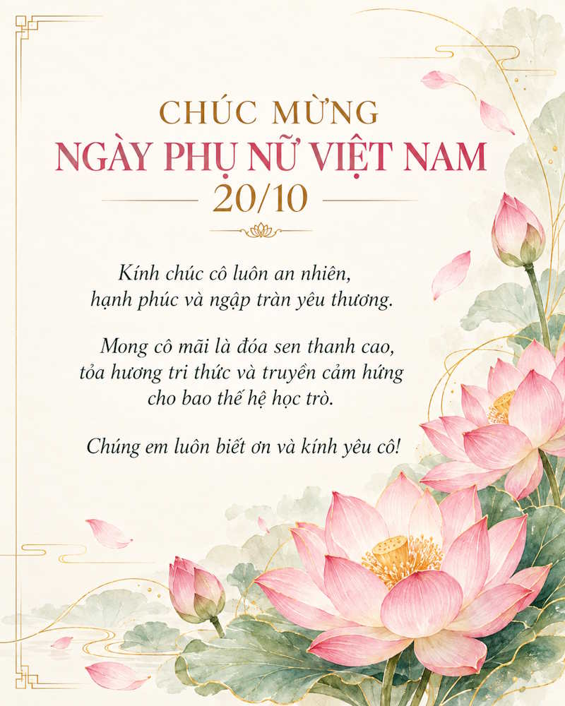 Thiệp 20/10 tặng cô chủ đề hiệp hoa sen thanh tao