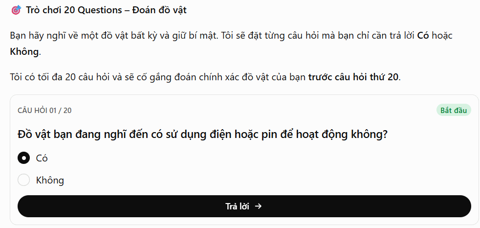 Tạo game 20 câu hỏi đoán đồ vật