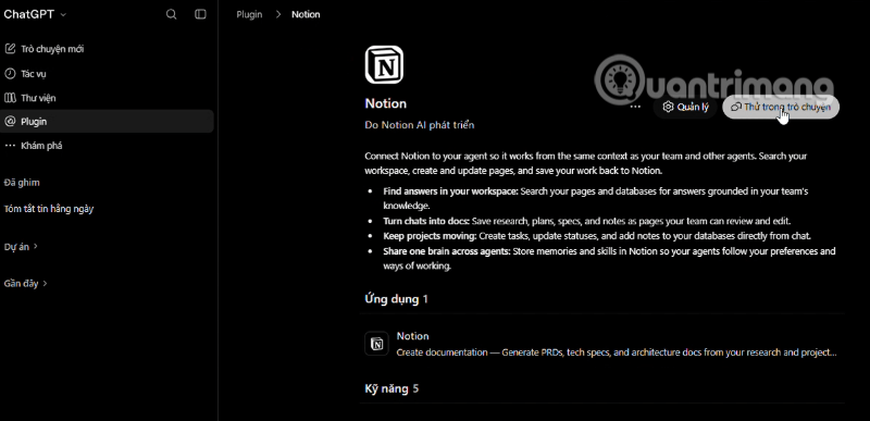 kích hoạt plugin notion trên chatgpt