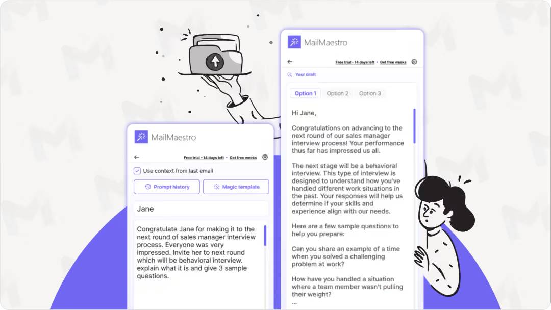 Thanh bên MailMaestro trong Gmail đang tạo bản nháp – một ví dụ về extension AI dành cho Gmail giúp việc viết email trở nên thông minh hơn