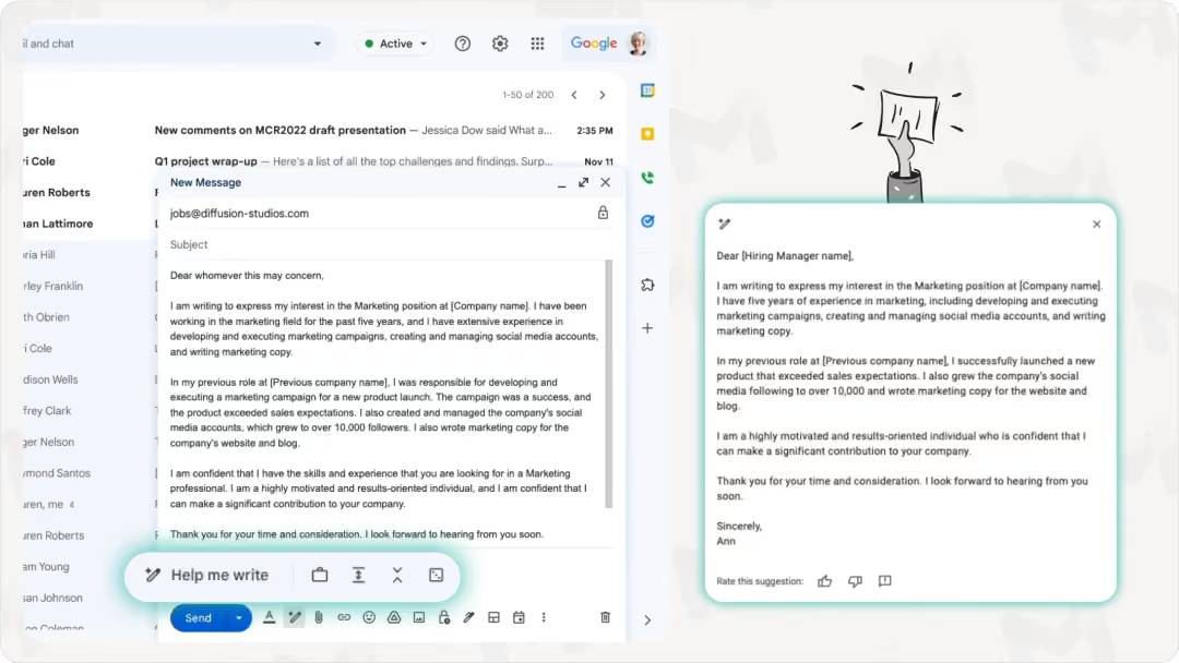 Tính năng AI Gemini trong Gmail đang soạn thảo một email dựa trên yêu cầu ngắn gọn