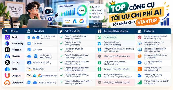 Bảng so sánh tổng quan các công cụ tối ưu chi phí AI cho startup