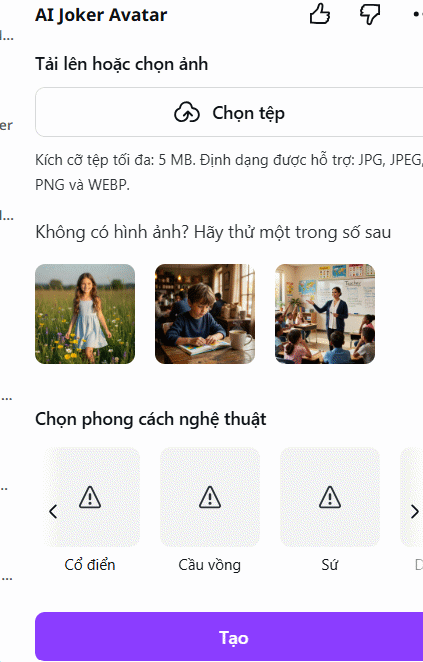 Chọn phong cách avatar AI Joker Avatar trên Canva
