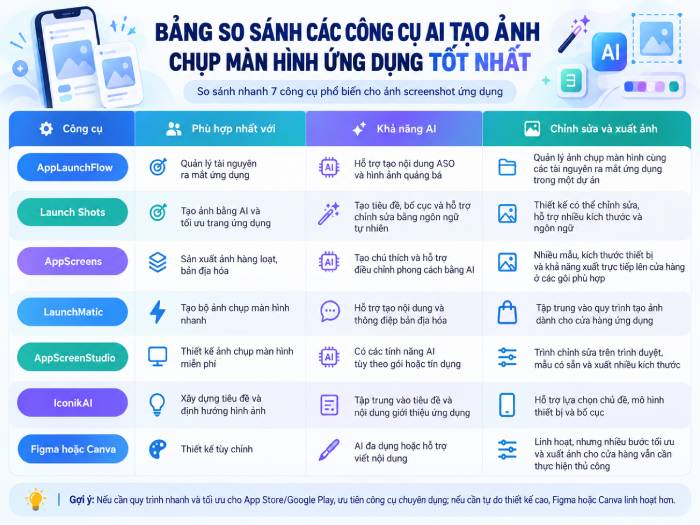 Bảng so sánh tổng quan các AI tạo ảnh chụp màn hình ứng dụng nổi bật