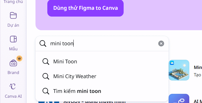 Tìm ứng dụng Mini Toon trên Canva 