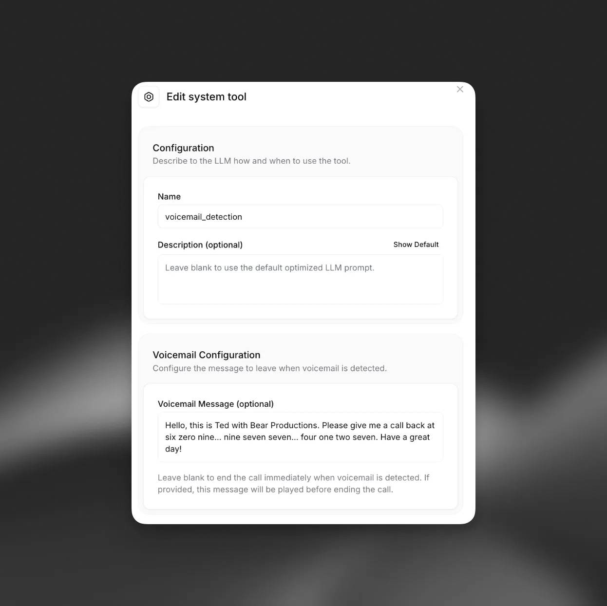 Giao diện cấu hình công cụ Voicemail Detection