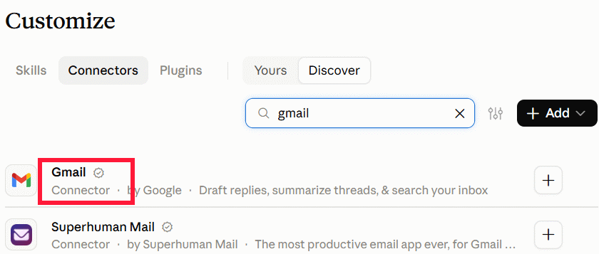 Tìm ứng dụng Gmail trên Claude