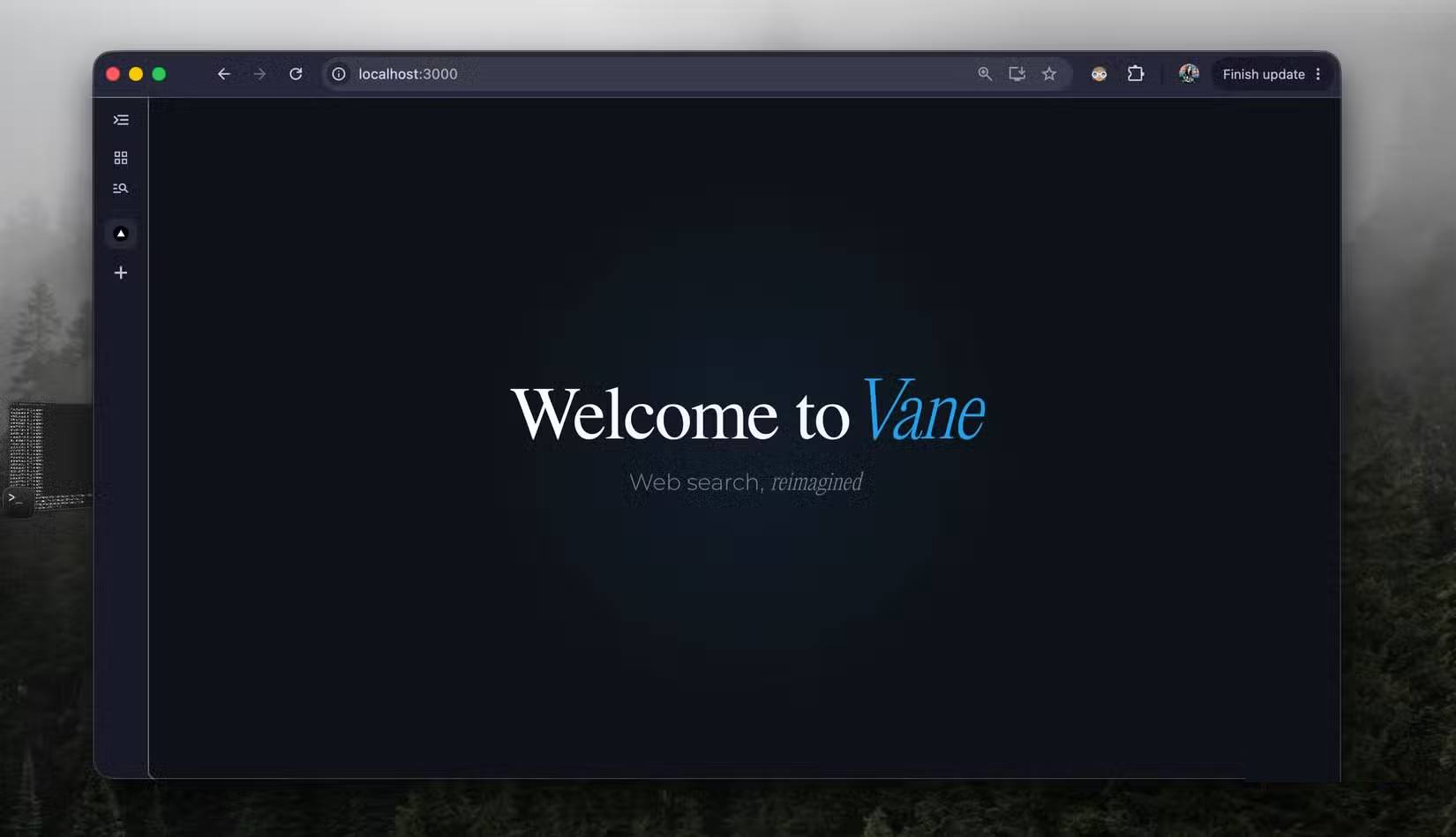 Màn hình chào mừng của Vane trên trình duyệt Chrome (tại localhost:3000) với slogan: "Tái định hình cách tìm kiếm trên web"