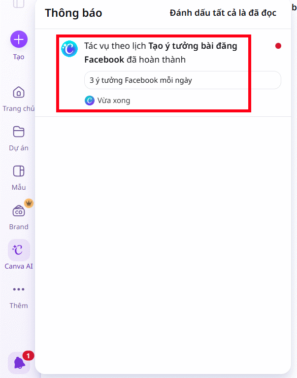 Thông báo tác vụ trên Canva AI