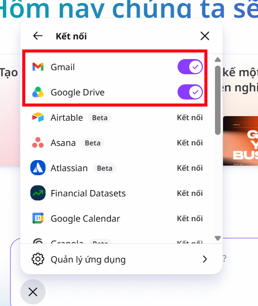 Hiện ứng dụng kết nối trên Canva AI