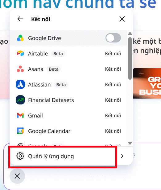 Quản lý ứng dụng kết nối trên Canva AI