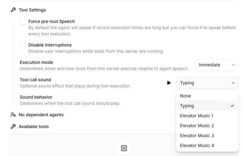 Menu drop-down chọn âm thanh gọi công cụ trong phần tích hợp