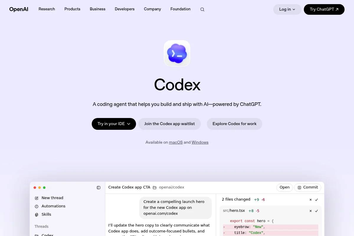 Ứng dụng Codex của OpenAI với thanh bên, tổng quan file và các phiên làm việc nhiều tab