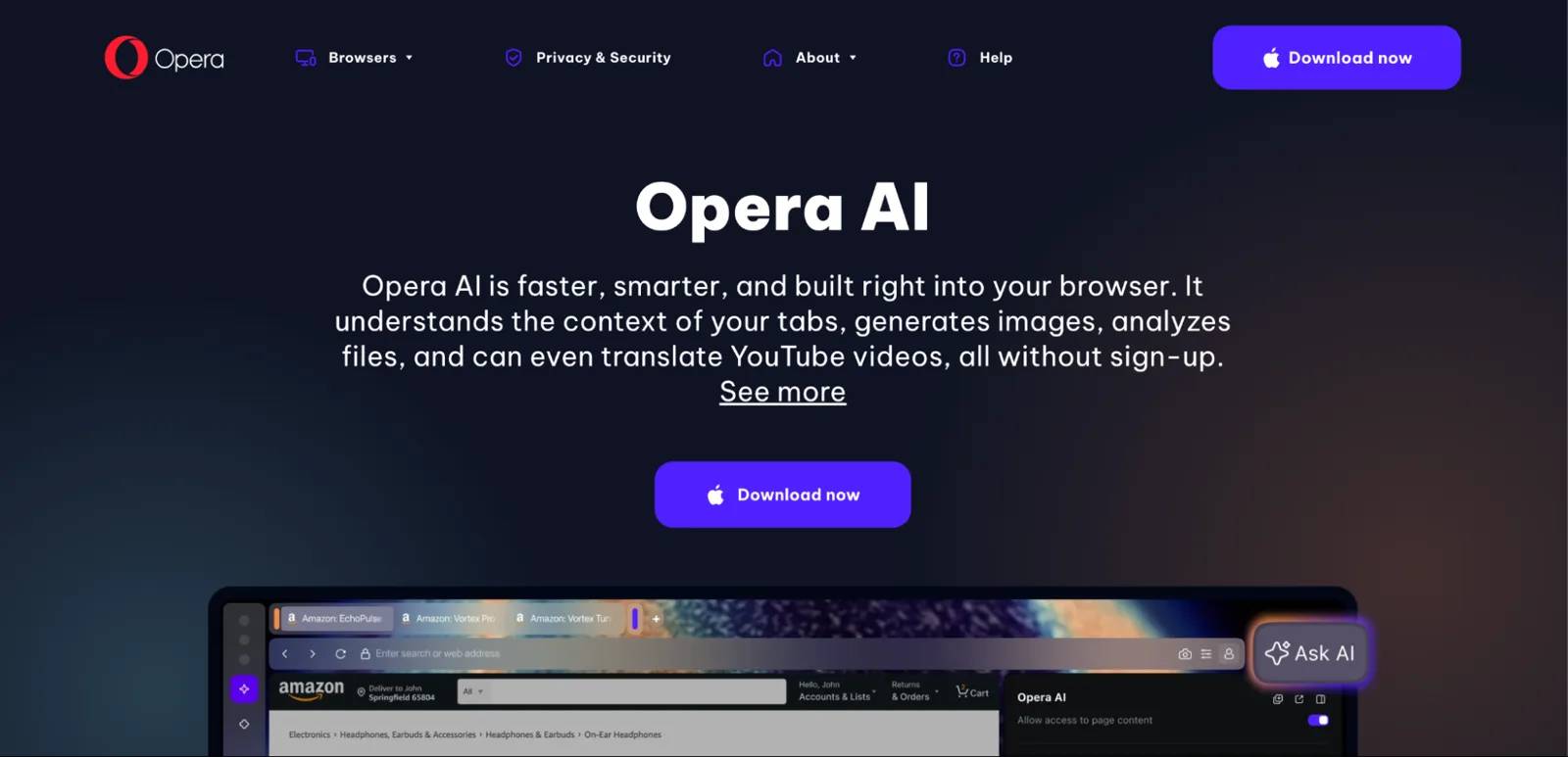 Trang giới thiệu Opera AI – công cụ AI tích hợp sẵn, miễn phí, có khả năng truy cập web theo thời gian thực