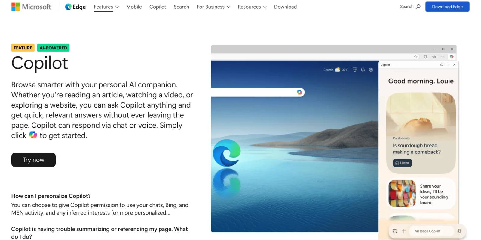 Trang giới thiệu tính năng Copilot trên Microsoft Edge – trợ lý AI được tích hợp sẵn trong trình duyệt Edge