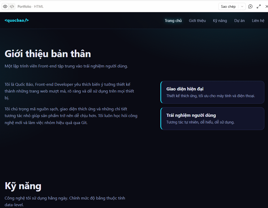 Giao diện website Portfolio trên Claude