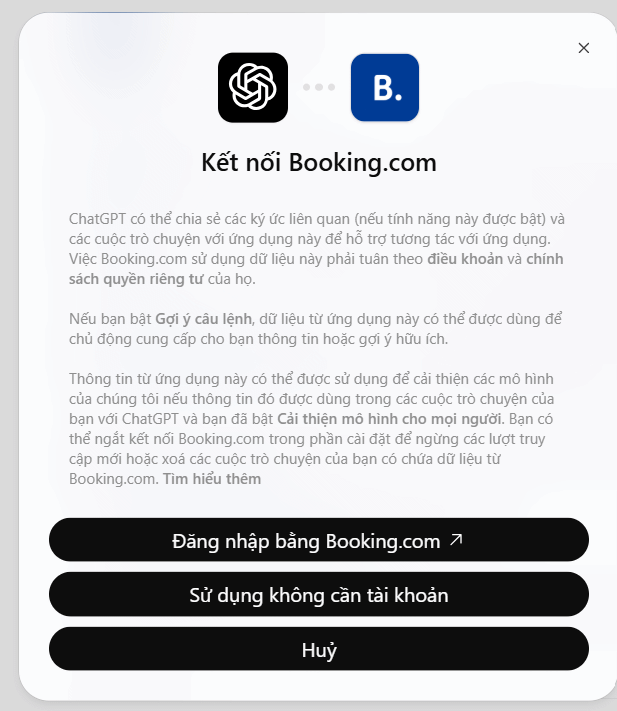 Đăng nhập tài khoản Booking.com trên ChatGPT