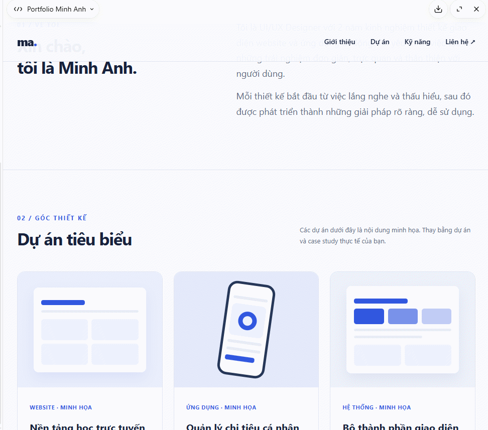 Giao diện website Portfolio trên ChatGPT