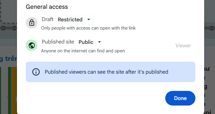 Chỉnh chia sẻ ứng dụng trên Google Sites