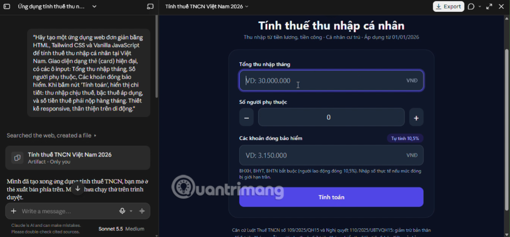 vibe coding công cụ tính thuế