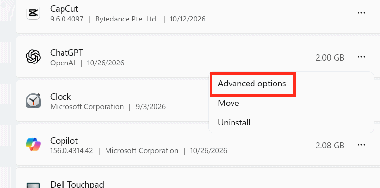 Advanced options trên Windows 11