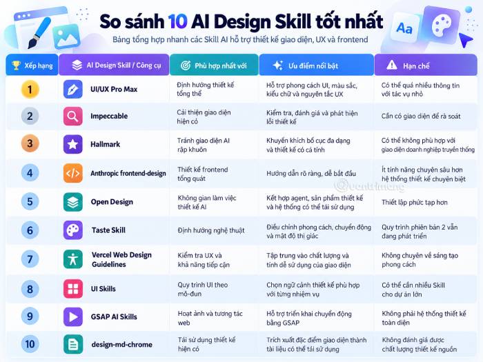 Bảng tổng quan các AI Skill thiết kế giao diện web tốt nhất