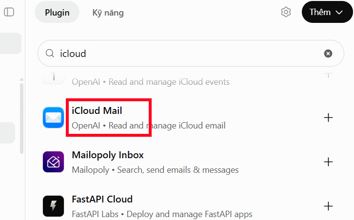 Tìm ứng dụng iCloud Mail trên ChatGPT