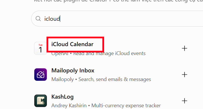 iCloud Calendar trong ChatGPT