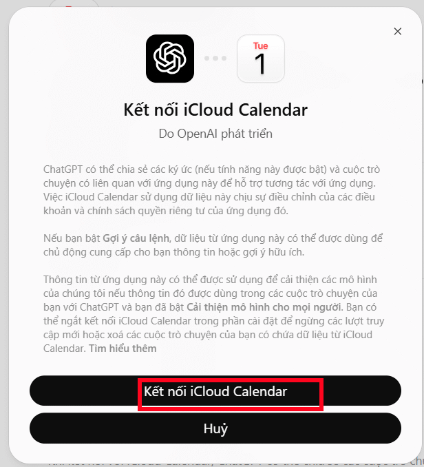 Kết nối iCloud Calendar trong ChatGPT