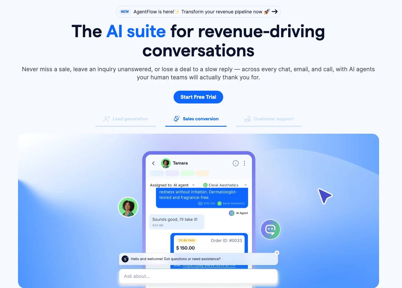 Bộ công cụ AI của SleekFlow với AI agent đang xử lý một cuộc hội thoại bán hàng và thanh toán đơn hàng trên WhatsApp
