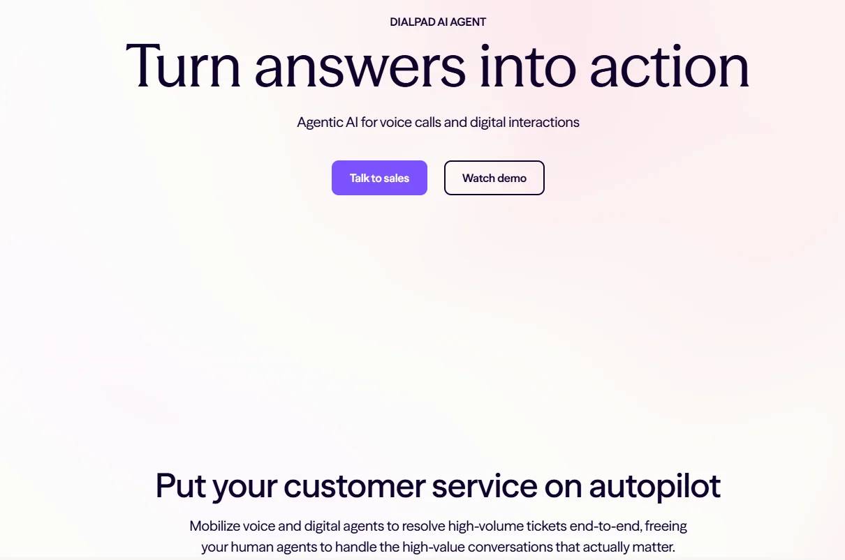 Nền tảng AI agent của Dialpad hỗ trợ các cuộc gọi thoại, chuyển đổi giọng nói thành văn bản theo thời gian thực và tương tác kỹ thuật số với khách hàng