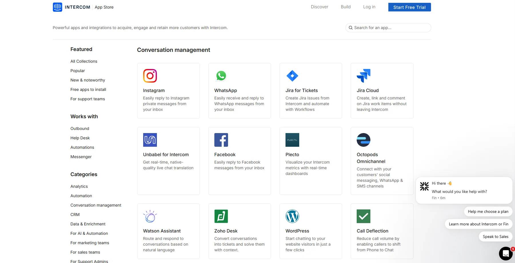 Giao diện quản lý hội thoại và kho ứng dụng của Intercom, tích hợp AI agent "Fin"