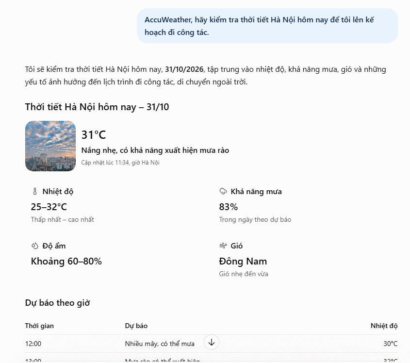 Xem thông tin thời tiết với AccuWeather ChatGPT