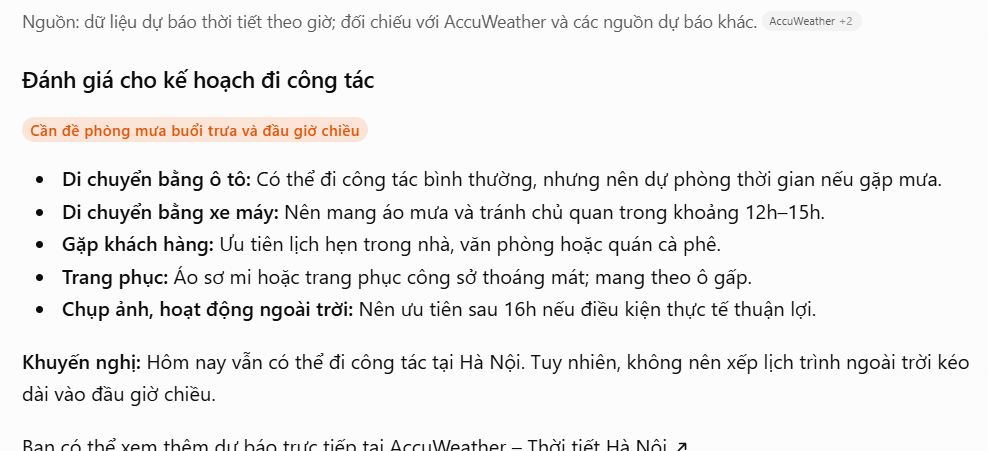 Gợi ý công việc qua thời tiết AccuWeather ChatGPT