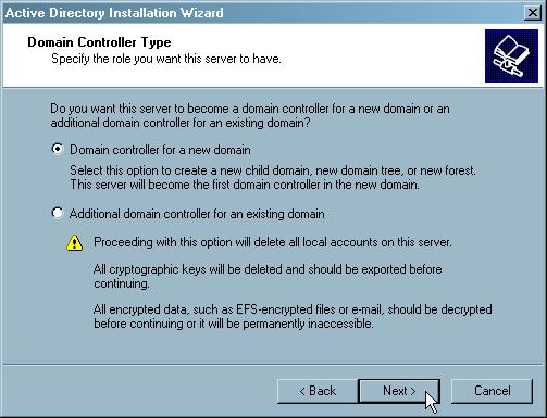 Chọn Domain controller for a new child domain
